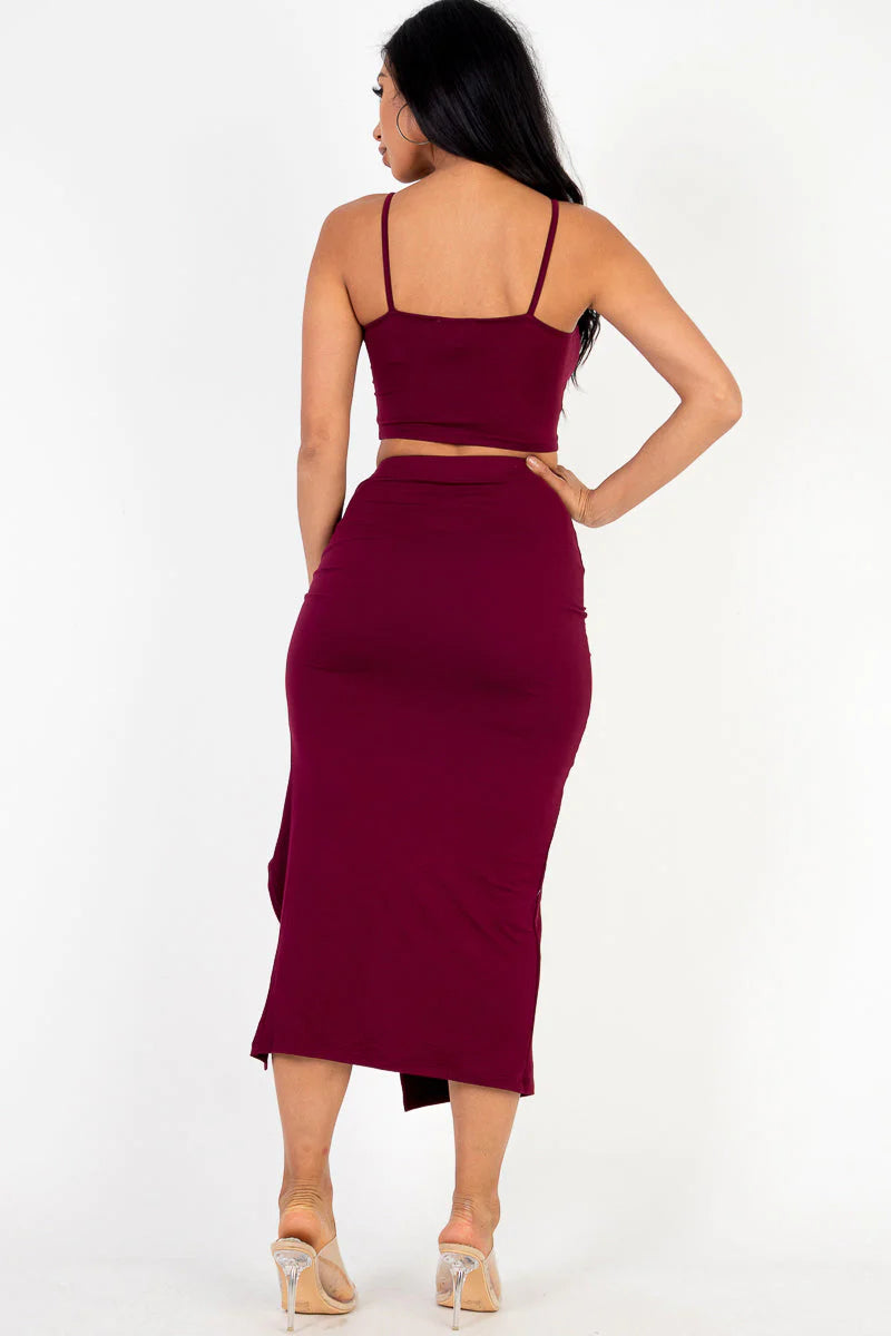 Cami Crop Top & Ruched Side Split Hem Midi Skirt Set (CAPELLA)