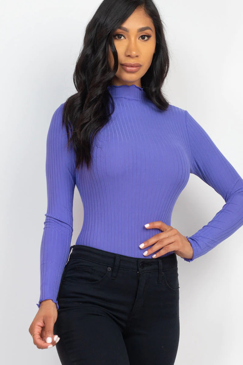 Ribbed Lettuce Edge Mock Neck Long Sleeve Bodysuit (CAPELLA)