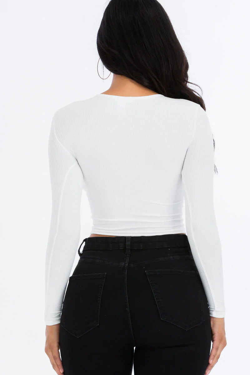 Ribbed Drawstring Long Sleeve Crop Top (CAPELLA)