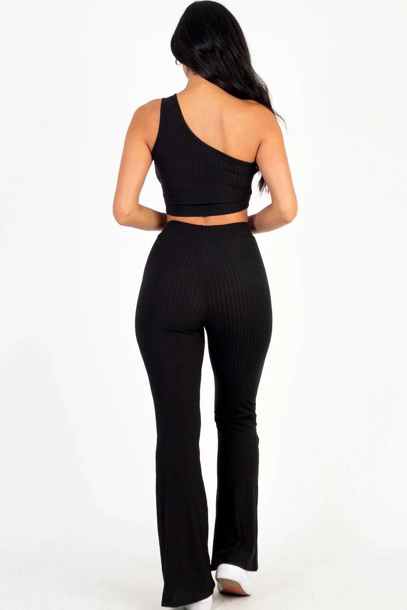 Ribbed One Shoulder Crop Top & Flared Pants Set (CAPELLA)