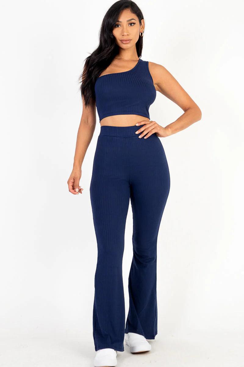 Ribbed One Shoulder Crop Top & Flared Pants Set (CAPELLA)