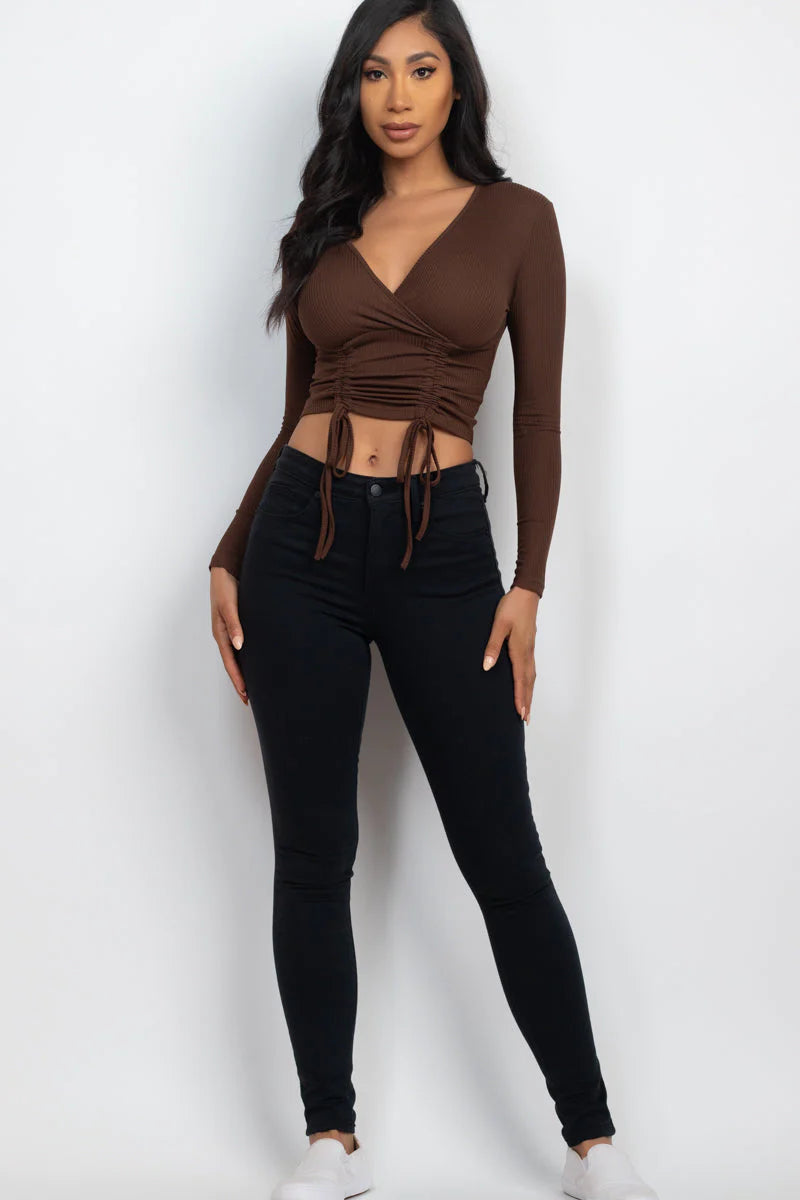 Ribbed Drawstring Long Sleeve Crop Top (CAPELLA)