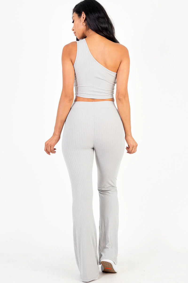 Ribbed One Shoulder Crop Top & Flared Pants Set (CAPELLA)