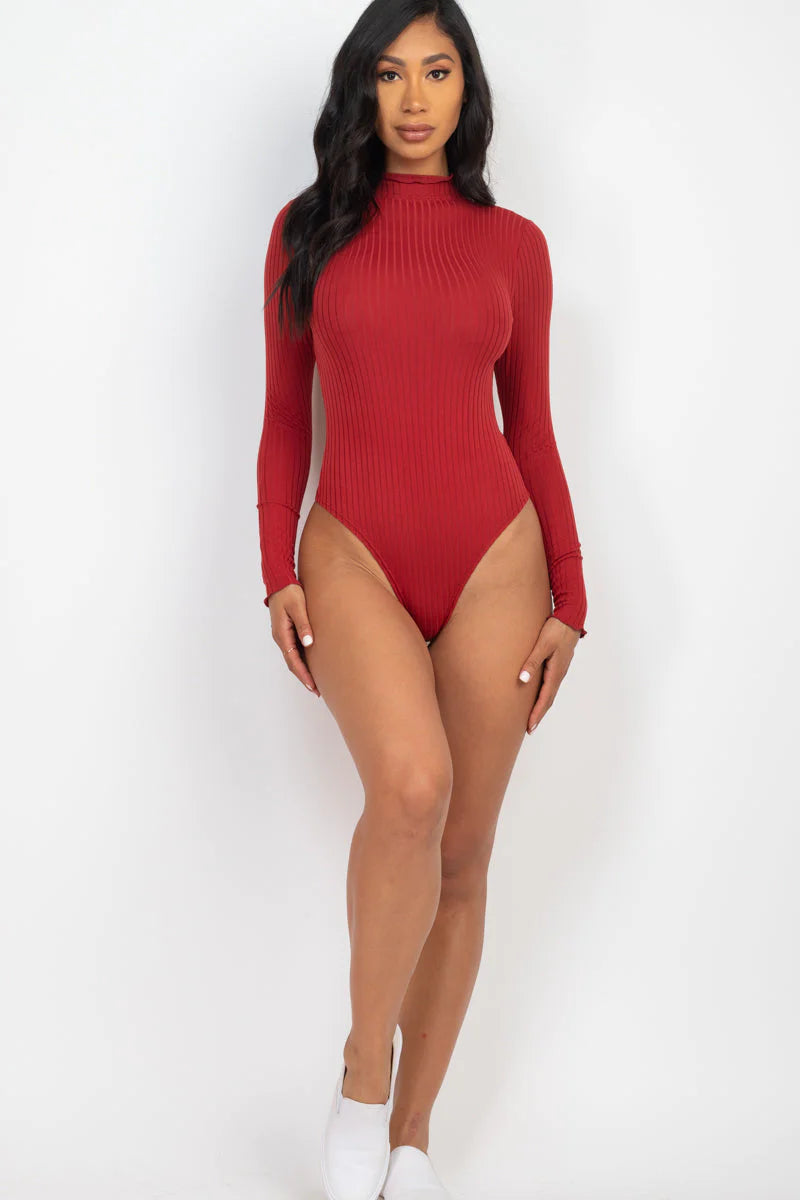 Ribbed Lettuce Edge Mock Neck Long Sleeve Bodysuit (CAPELLA)