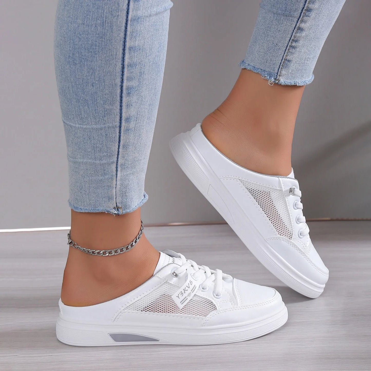 White Shoes for Women Slip-On Thick Soles Mesh Surface Sneakers Breathability Casual Comfort Air Mesh Shoes Platform Footwear