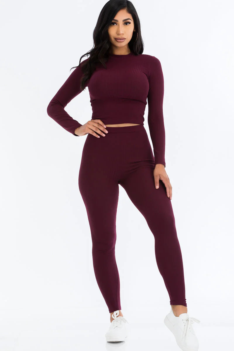 Ribbed Mock Neck Long Sleeve Top & Leggings Set (CAPELLA)